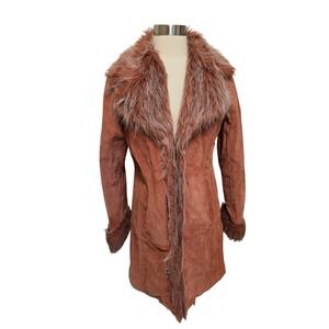 Y2K Vintage Suede Penny Lane Coat Faux Fur Trim Rust Orange Boho Jacket Medium